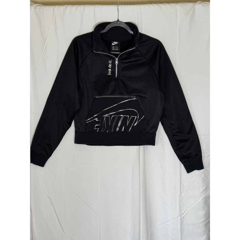 Nike Womens Just Do‎ It Quarter Zip Fleece Cropped Sweatshirt Black Silver XS